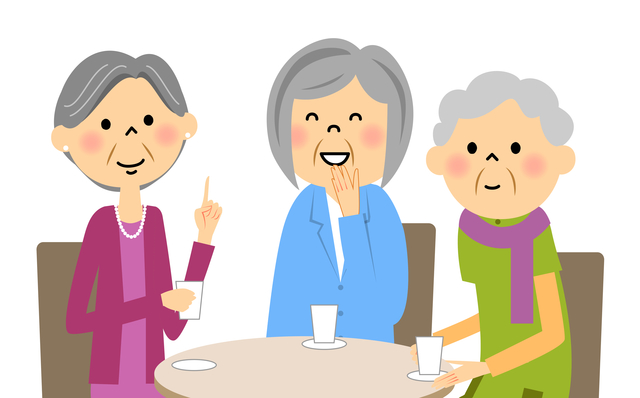 お茶をのみながら談話する3人の高齢者女性