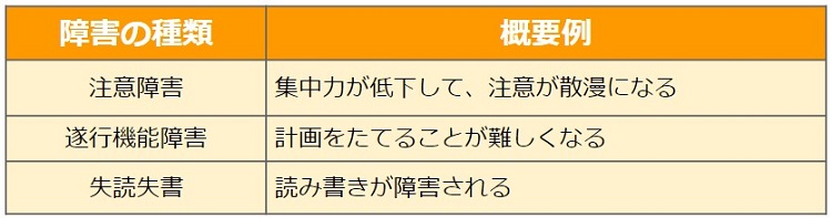 高次脳機能障害の種類と概要例